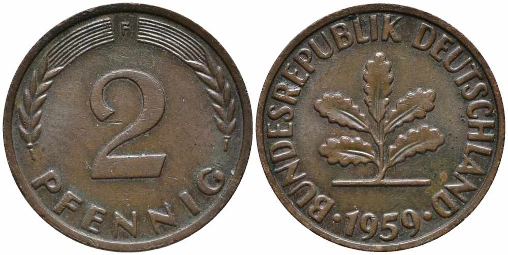 ФРГ 2 ПФЕННИГА 1959 F KM 106, J. 381 бронза 112-143