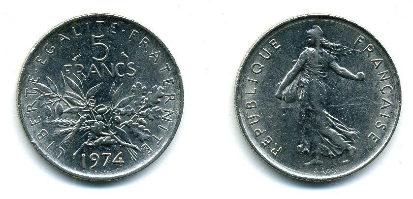 ФРАНЦИЯ 5 ФРАНКОВ 1974 СЕЯТЕЛЬ KM 926a.1, LE FRANC 341.6 медно-никель плакированный никелем 25-721