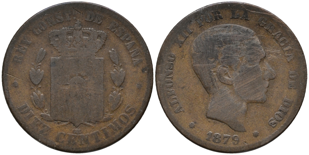 ИСПАНИЯ 10 СЕНТИМО 1879 OM, АЛЬФОНСО XII (1874-1885) KM 675 (Y70) бронза 32-636