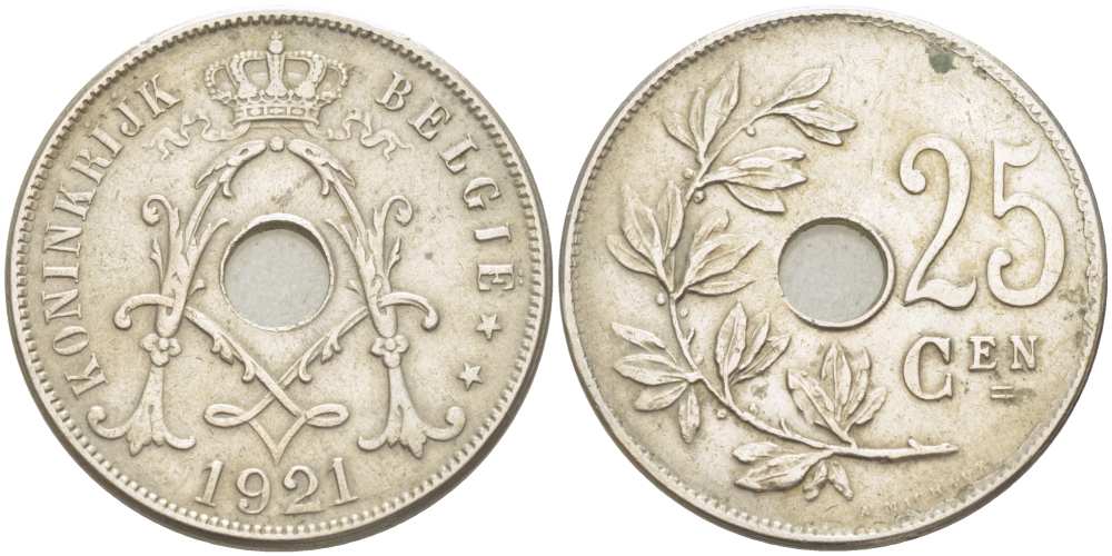 БЕЛЬГИЯ 25 САНТИМОВ 1921 BELGIE KM 69 медно-никель 210-1053