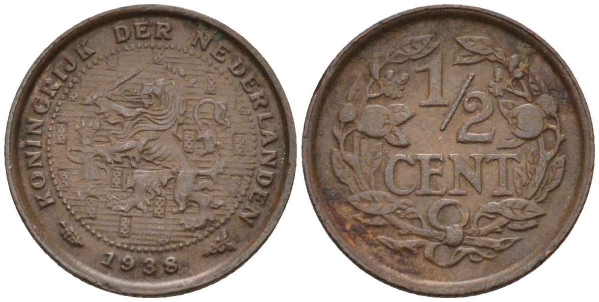 Нидерланды 1/2 цента 1938 Вильгельмина (1890-1948) KM 138 бронза 4588-962
