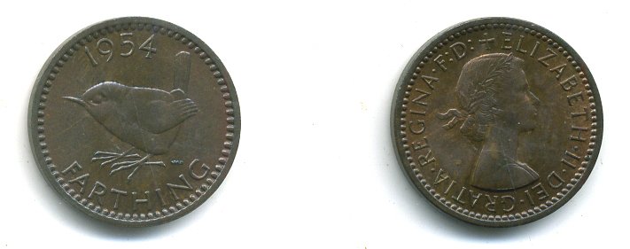 Великобритания 1 фартинг 1954 Елизавета II (1952-2022) KM 895, Spink 4159 бронза 35-745