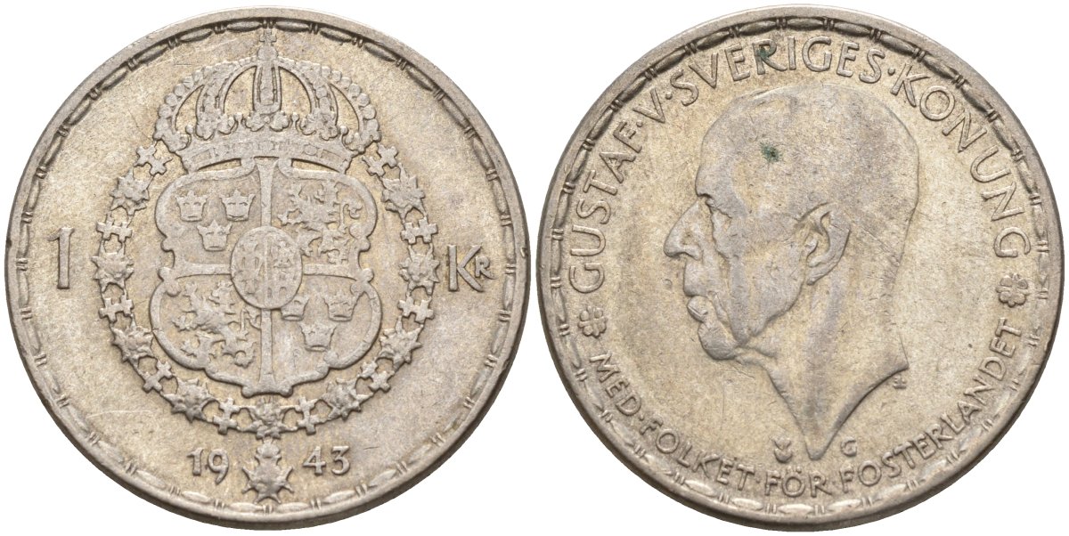 Швеция 1 крона 1943 G, Густав V (1907-1950) KM 814 серебро 4148-1014