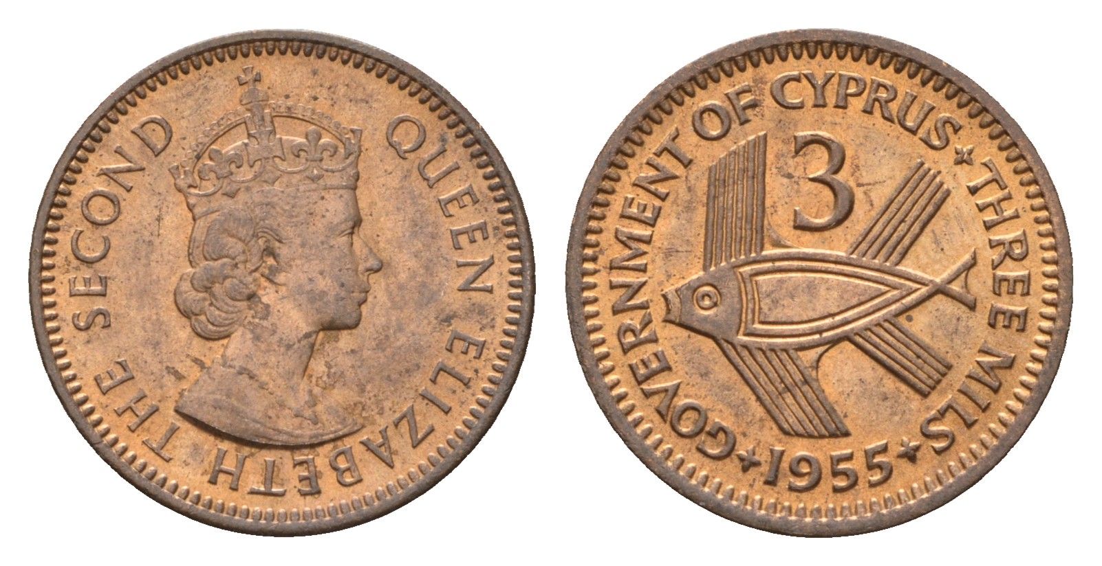 Кипр 3 миля 1955 Елизавета II (1952-2022), рыба KM 33 бронза UNC 4173-119