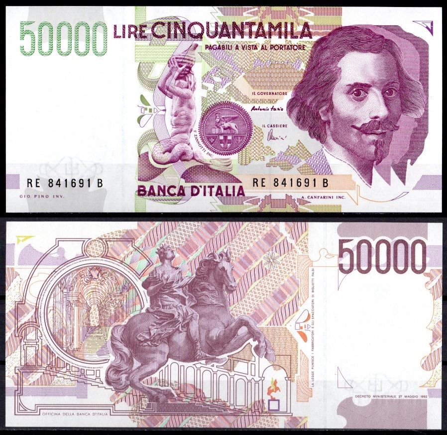 Италия 50000 лир 1992 Джованни Бернини Pick 116 c бумага UNC (пресс) 451-1089-2