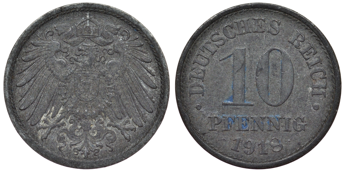 Германия 10 пфеннигов 1918 KM 26, J. 299, Weege 8 цинк 4119-332