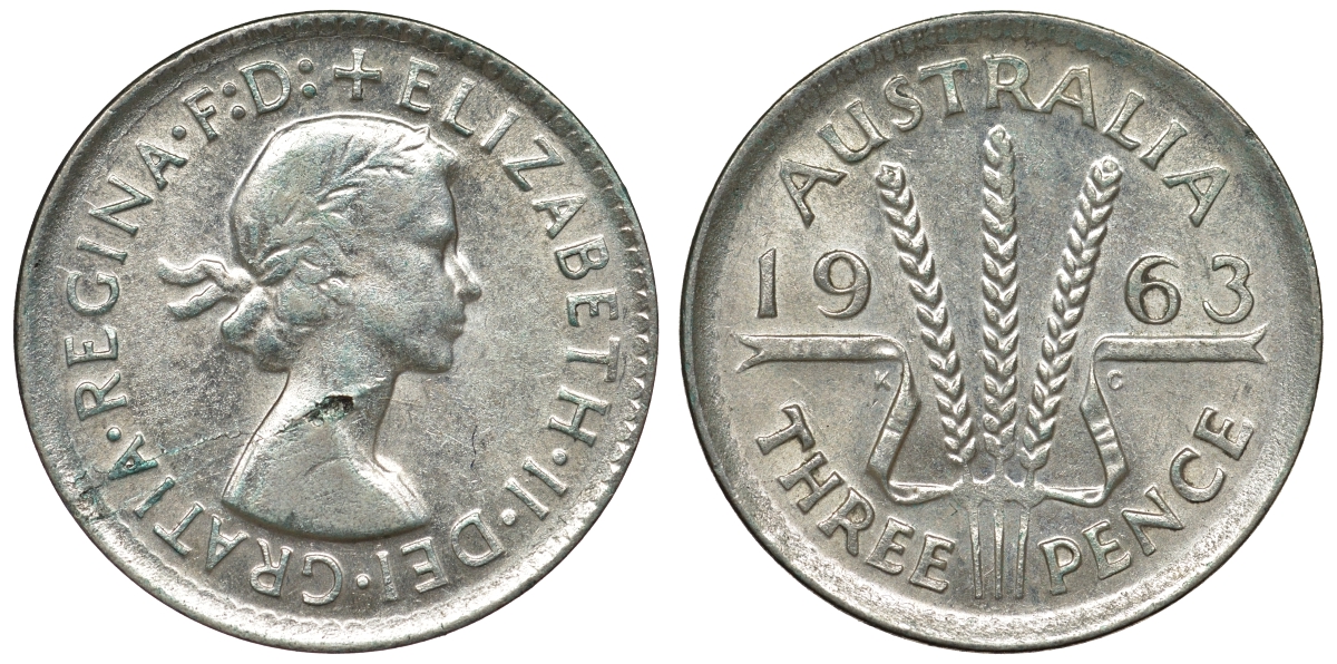Австралия 3 пенса 1963 m, Елизавета II (1952-2022) KM 57 серебро 71-855