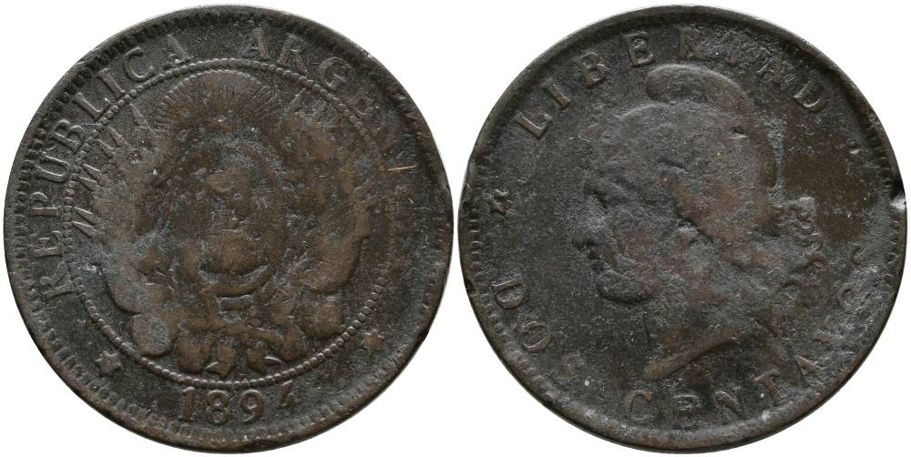 Аргентина 2 сентаво 1894 голова свободы влево KM 8 бронза 4531-1145
