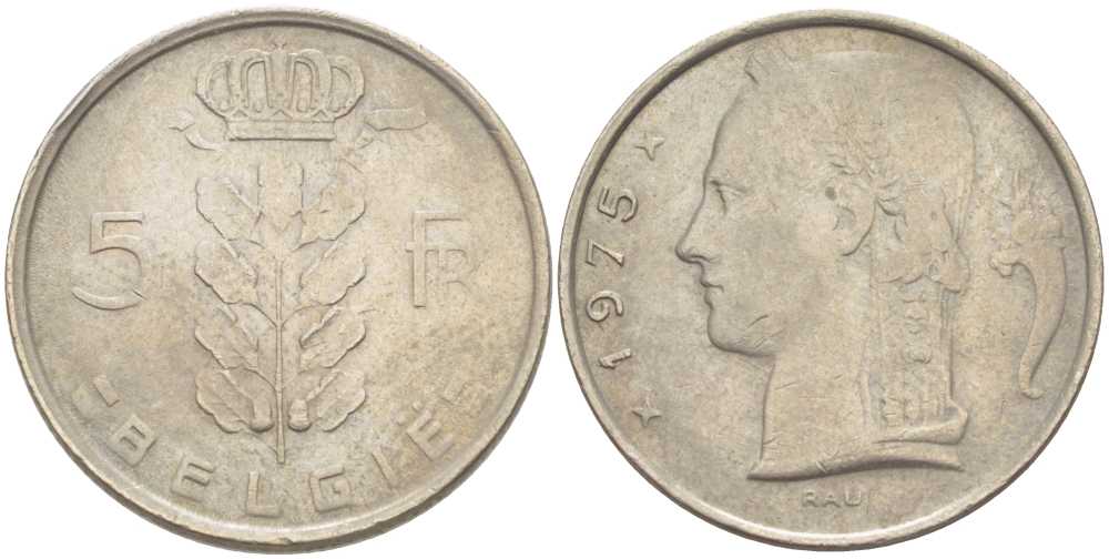 БЕЛЬГИЯ 5 ФРАНКОВ 1975 BELGIQUE, БОДУЭН I (1951-1993) KM 134.1 медно-никель 213-617