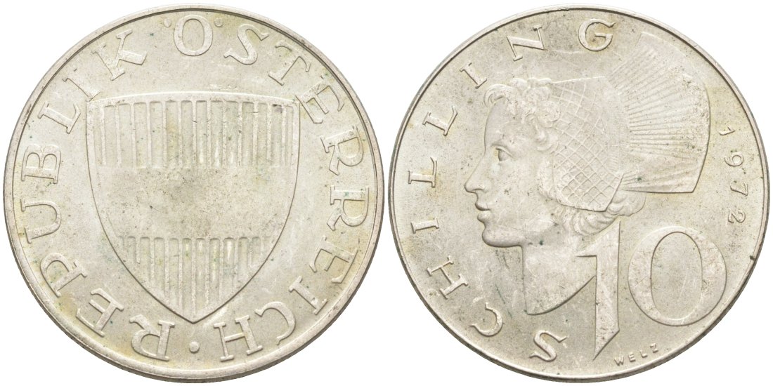 Австрия 10 шиллингов 1972 KM 2882 серебро 4565-613