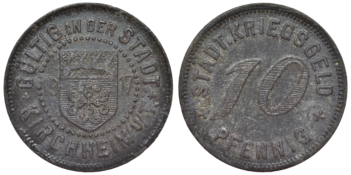 Германия, Кирххайм-унтер-Тек 10 пфеннигов 1917 Баден-Вюртемберг, нотгельд Funck 244.4.1 цинк 4119-954