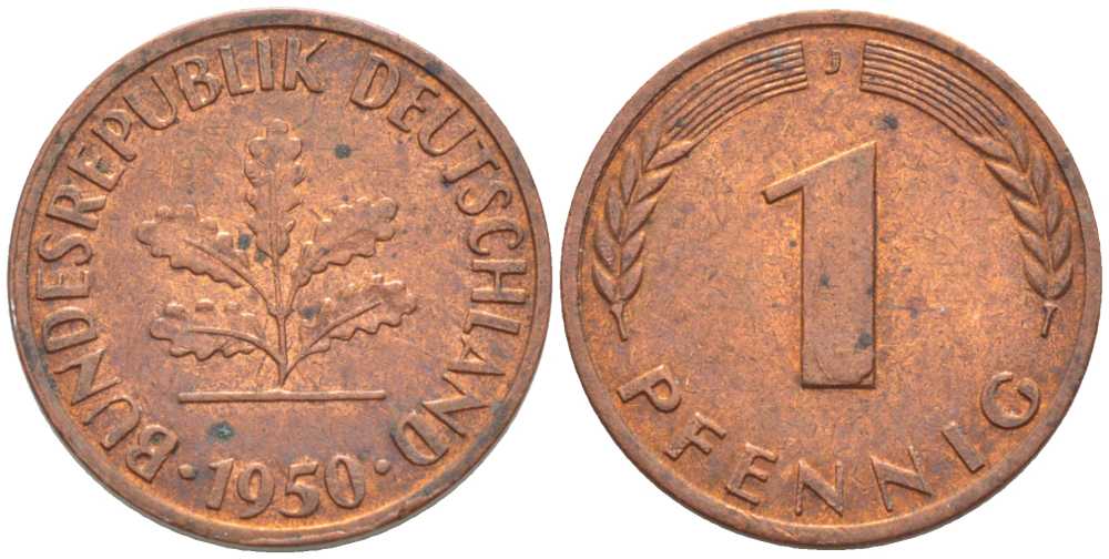 ФРГ 1 ПФЕННИГ 1950 J KM 105, J. 380 сталь плакированная медью 116-339