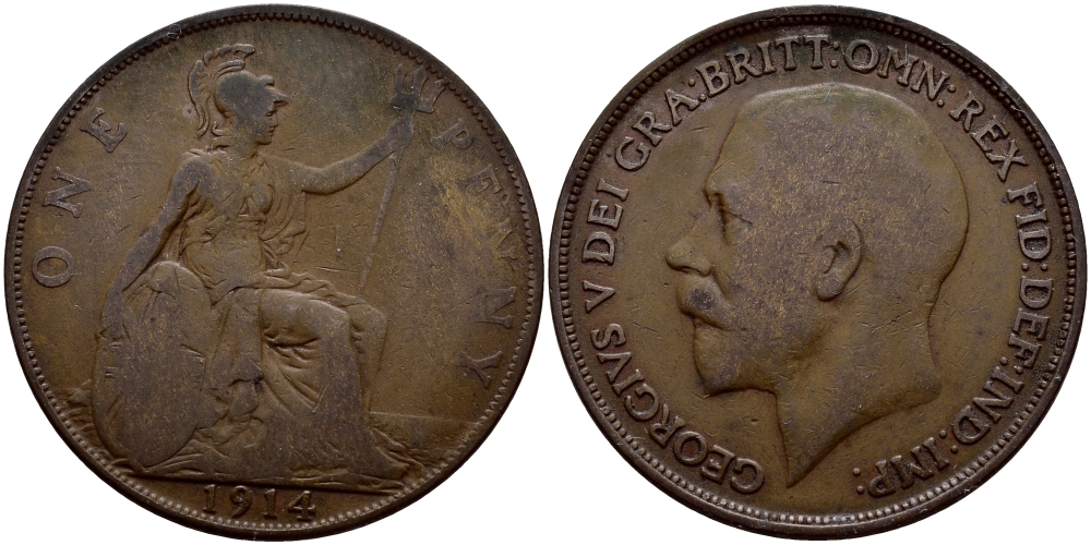 Великобритания 1 пенни 1914 Георг V (1910-1936) KM 810, Spink 4051 бронза 540-444