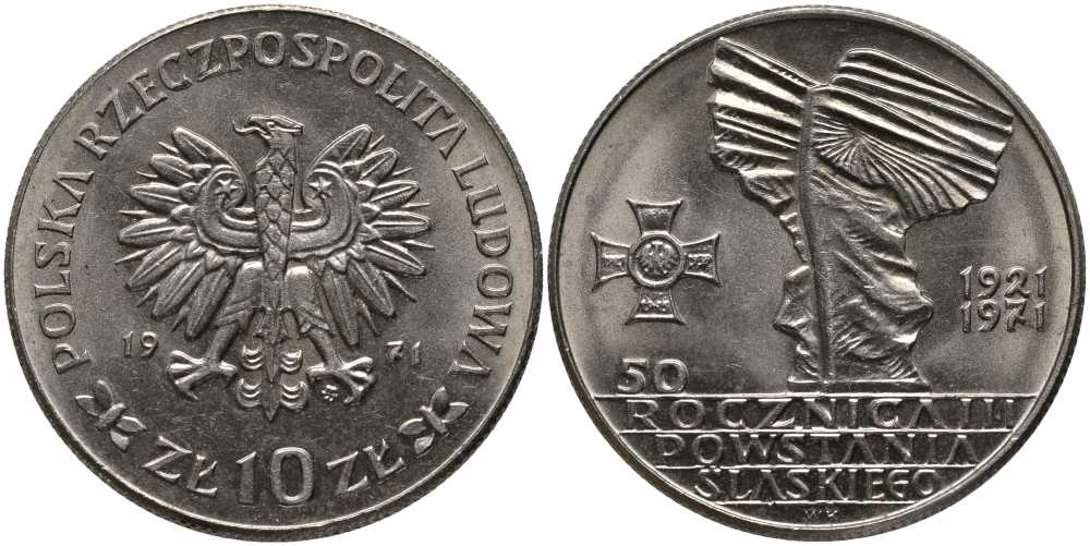 Польша 10 злотых 1971 MW, 50 лет битве за Верхнюю Силезию KM 64 медно-никель UNC 180-311