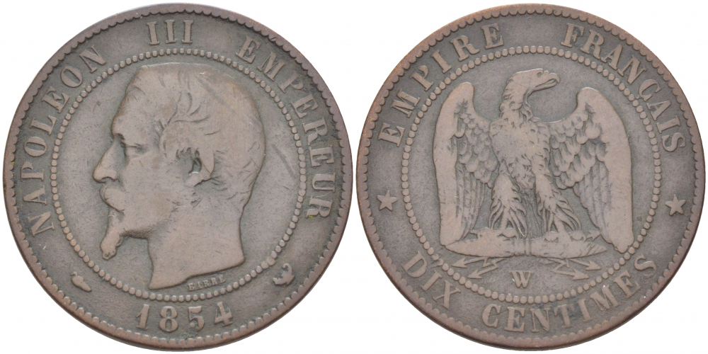 ФРАНЦИЯ 10 САНТИМОВ 1854 W, НАПОЛЕОН III (1852-1870) KM 771.7, LE FRANC 133.17 бронза 4403-442