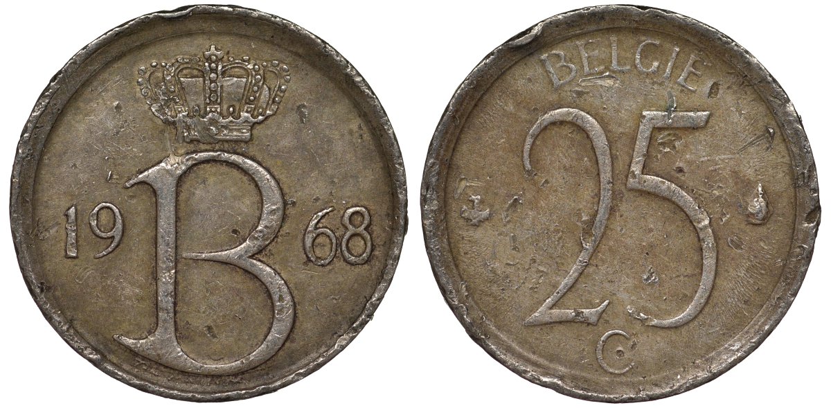 Бельгия 25 сантимов 1968 Belgie, Бодуэн I (1951-1993) KM 154.1 медно-никель 4124-539