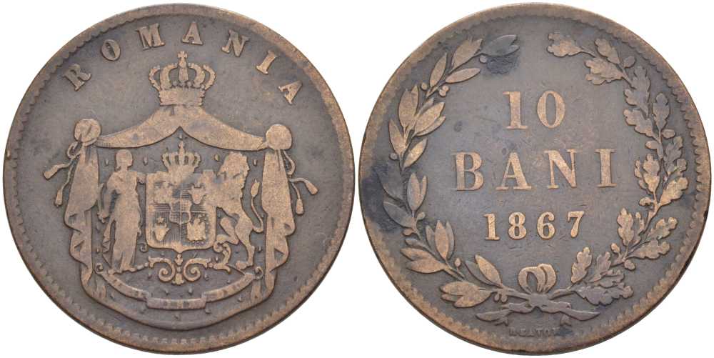 Румыния 10 бани 1867 монетный двор Heaton (Хитон), Кароль I как принц (1866-1881) KM 4.1 медь 32-123