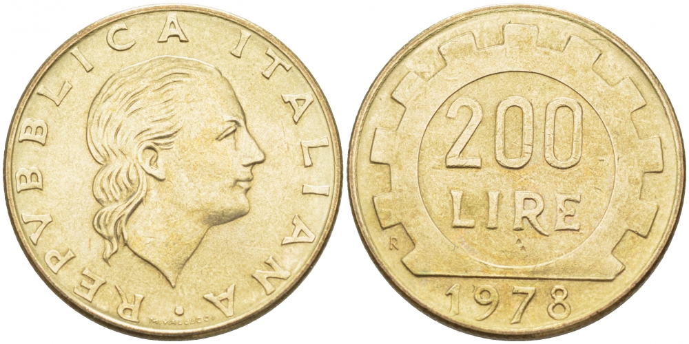 Италия 200 лир 1978 R, шестерня KM 105 алюминиевая бронза 3718-434