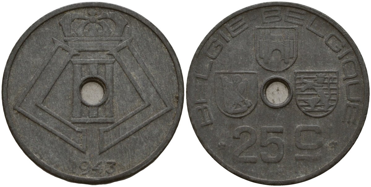 Бельгия 25 сантимов 1943 Belgie - Belgique, Леопольд III (1934-1947), германская оккупация, Вторая мировая война KM 132 цинк 4157-544