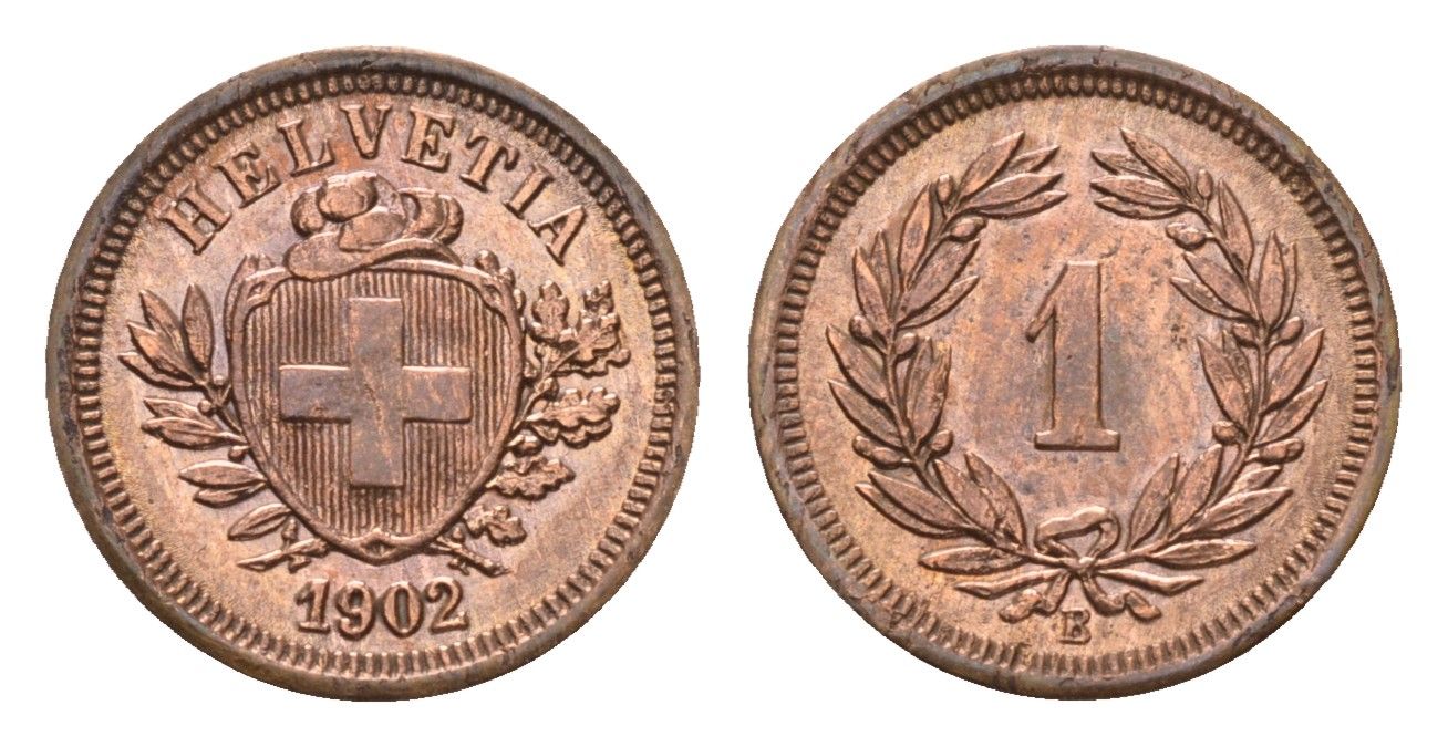 Швейцария 1 раппен 1902 B KM 3.2 бронза 1529-515