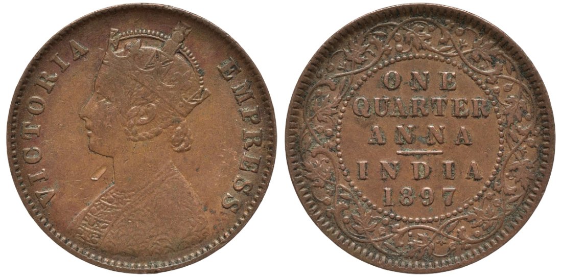 Британская Индия 1/4 анна 1897 Королева Виктория (1845-1901) KM 486 бронза 190-632