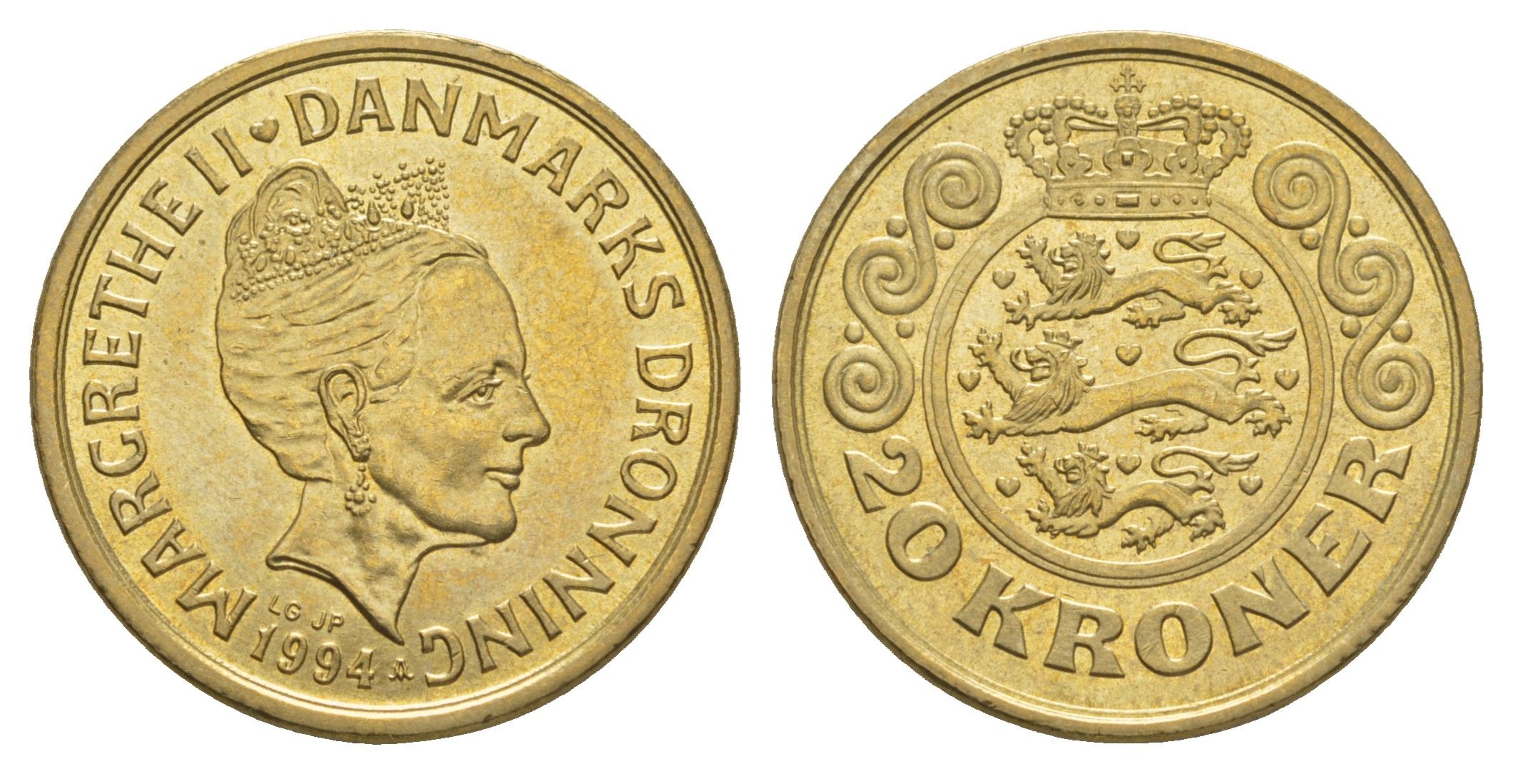 Дания 20 крон 1994 Маргрете II (1972-2024) KM 878 алюминиевая бронза UNC 4657-1231