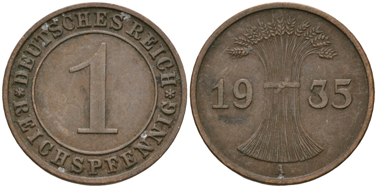 Германия 1 рейхспфенниг 1935 A KM 37, J. 313 бронза 4189-1262