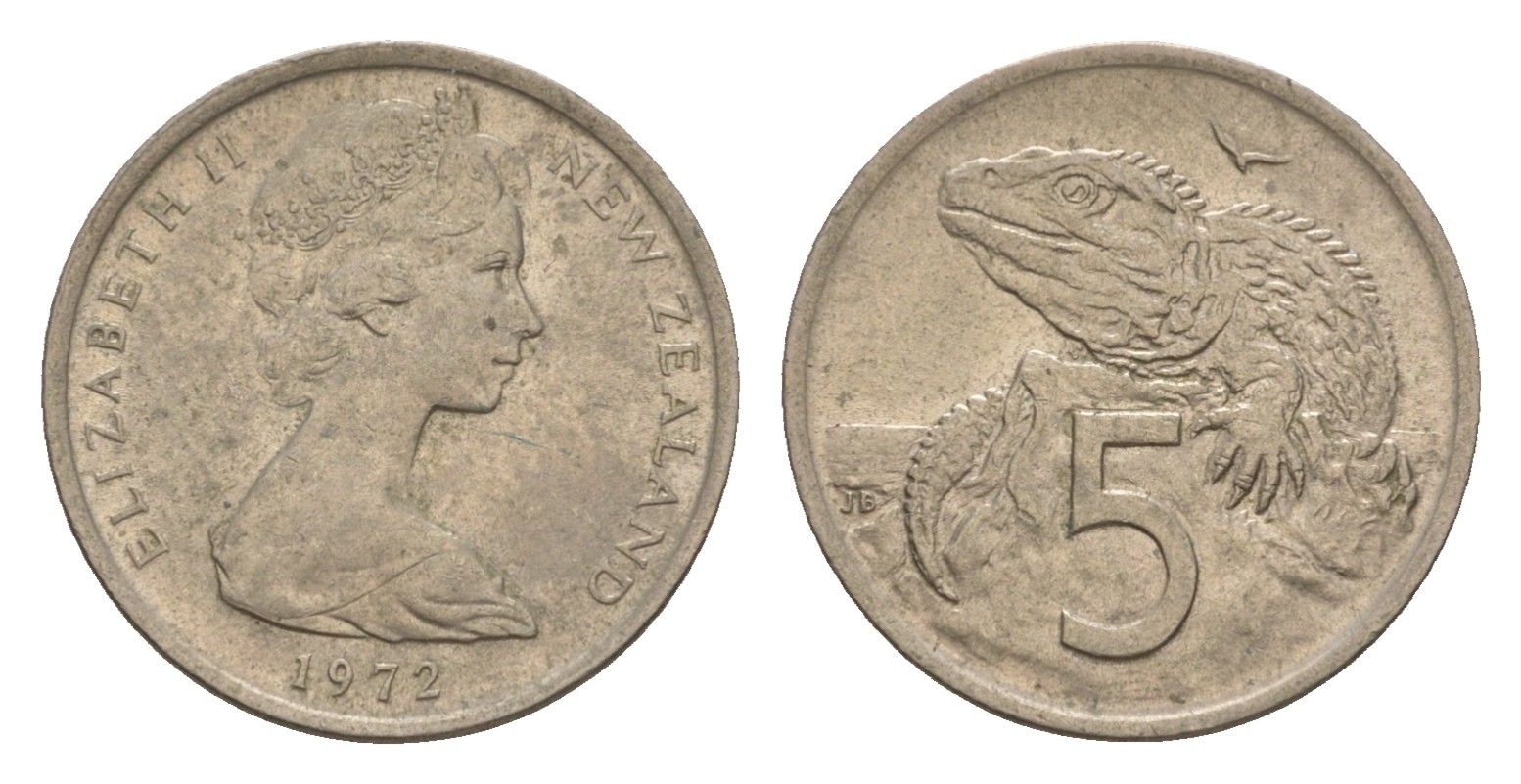 Новая Зеландия 5 центов 1972 Елизавета II (1952-2022), ящерица гаттерия KM 34.1 медно-никель 4655-1154