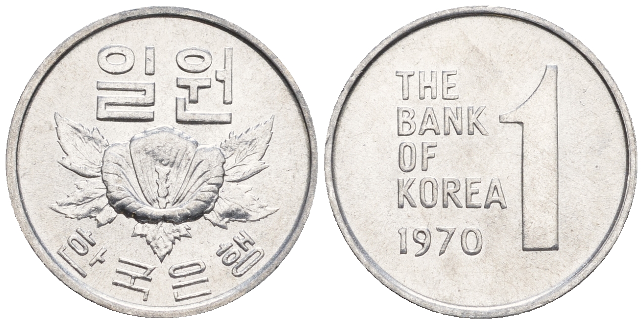 Южная Корея 1 вона 1970 роза шарона KM 4a алюминий  UNC  4151-256