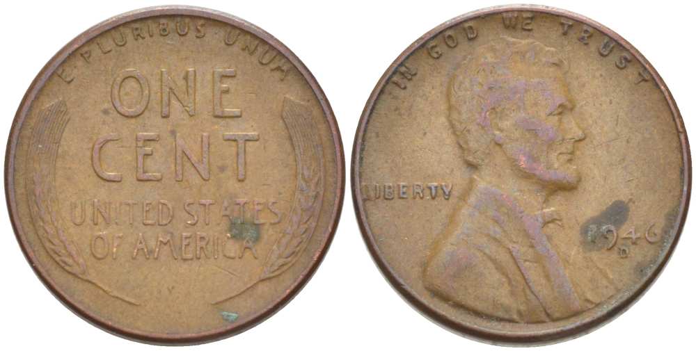 США 1 ЦЕНТ 1946 D, ЛИНКОЛЬН KM А132 медь цинк 3309-536