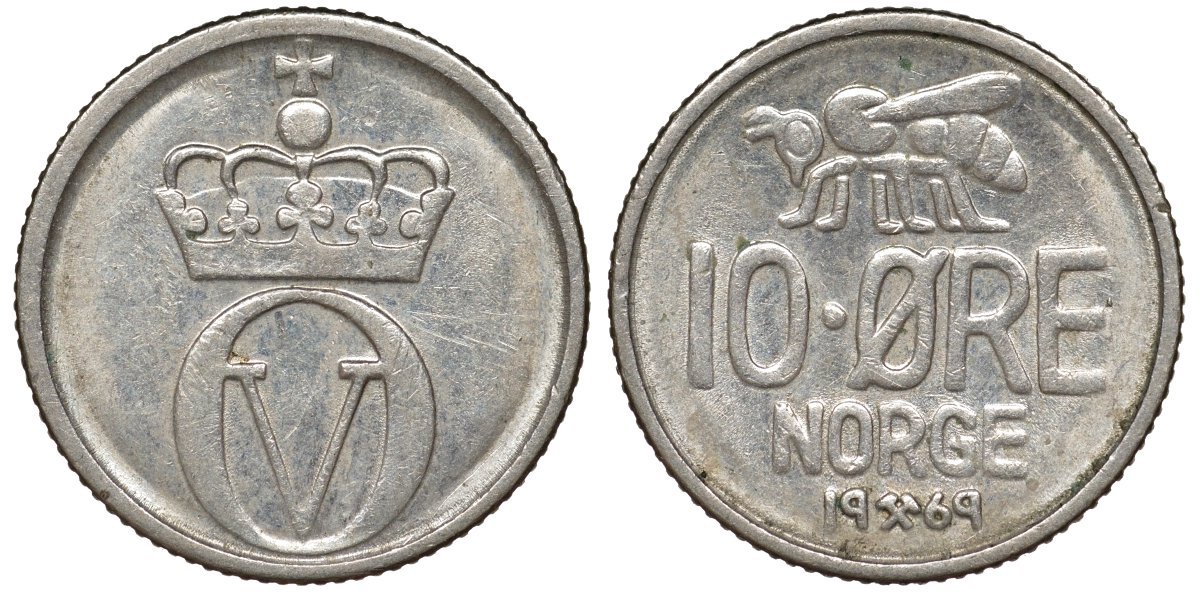 Норвегия 10 эре 1969 пчела KM 411 медно-никель 51-2855