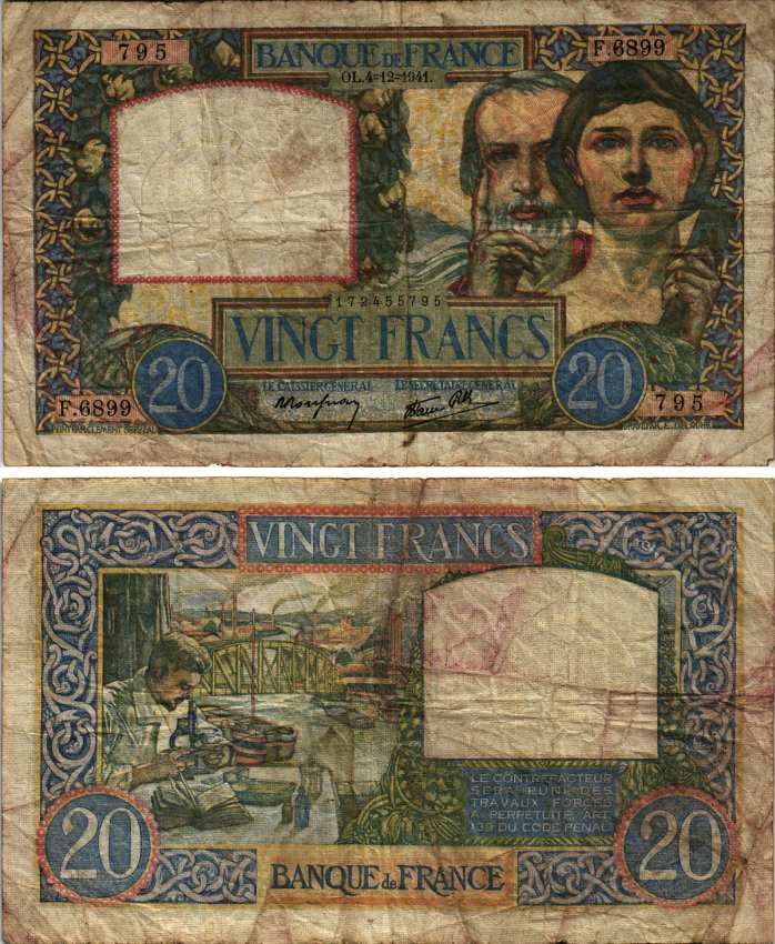 ФРАНЦИЯ 20 ФРАНКОВ 1941 4 ДЕКАБРЯ 1941 Pick 92b бумага 8607-97-1