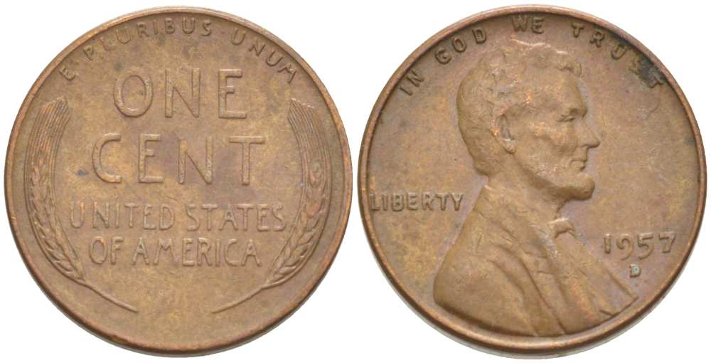 США 1 ЦЕНТ 1957 D, ЛИНКОЛЬН KM А132 медь цинк 218-717