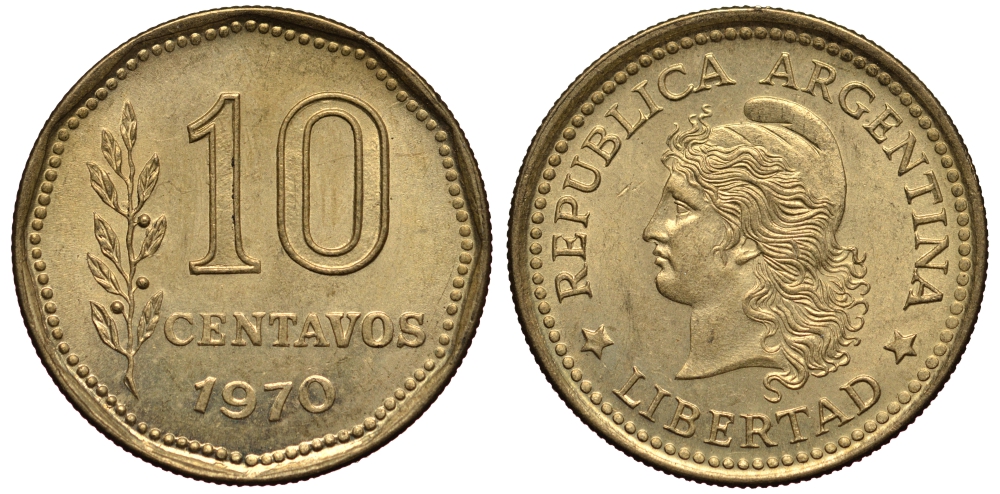Аргентина 10 сентаво 1970 голова свободы влево KM 66 алюминиевая бронза XF-UNC 4181-217