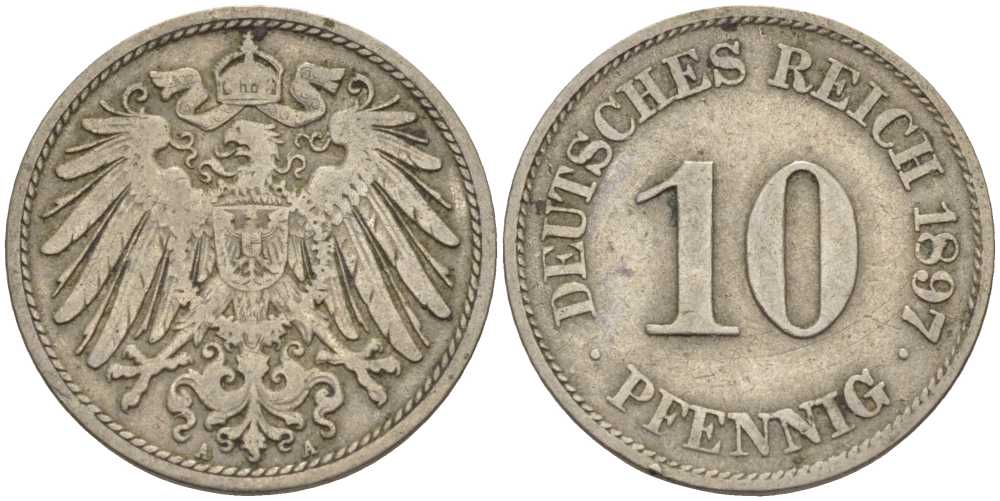 Германия 10 пфеннигов 1897 A KM 12, J. 13 медно-никель 4401-1014