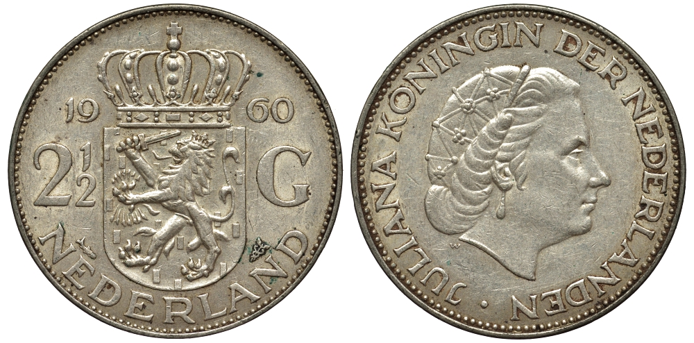 Нидерланды 2 1/2 гульдена 1960 Юлиана (1948-1980) KM 185 серебро 443-1122