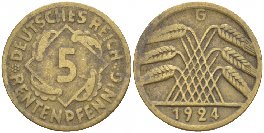 ГЕРМАНИЯ 5 РЕНТЕНПФЕННИГОВ 1924 G, KM 32, J. 308 алюминиевая бронза 4532-546