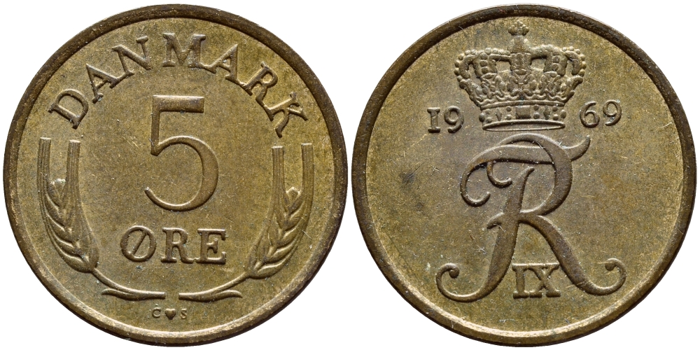 ДАНИЯ 5 ЭРЕ 1969 C; S, ФРЕДЕРИК IX (1947-1972) KM 848.1 бронза 4398-853