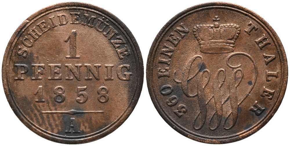Шаумбург-Липпе 1 пфенниг 1858 А, Георг Вильгельм (1787-1860) KM 37 медь 116-841