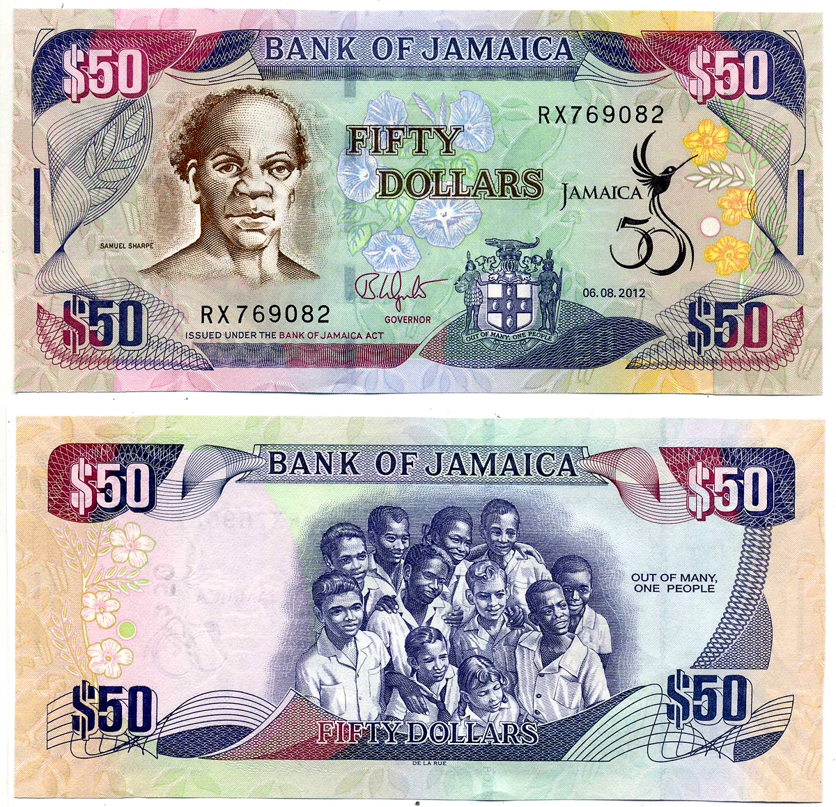 Ямайка 50 долларов 2012 6 августа 2012, подпись 13, 50 лет независимости, юбилейная, с водяным знаком, Самуэль Шарпе Pick 89 бумага UNC (пресс) 2197-23-3-2