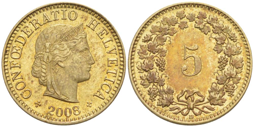 ШВЕЙЦАРИЯ 5 РАППЕНОВ 2008 В KM 26с алюминий латунь 4181-367