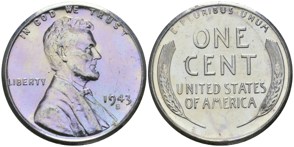 США 1 цент 1943 S (Сан-Франциско), Авраам Линкольн KM 132 a сталь плакированная цинком 96-1159