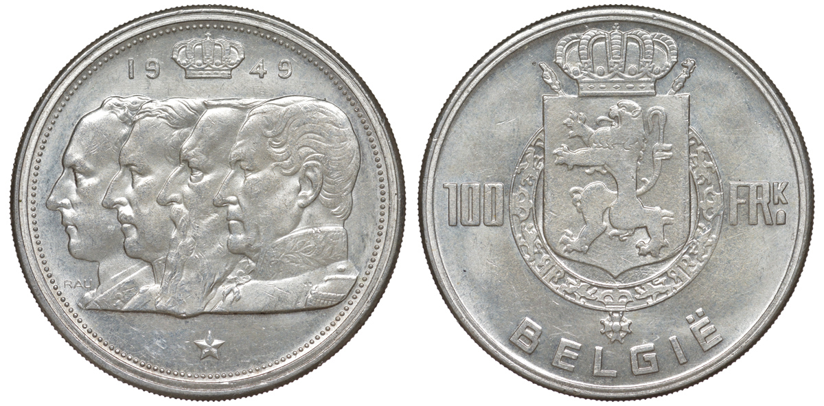 Бельгия 100 франков 1949 Belgie, королевская династия KM 139.1 серебро 4178-1223