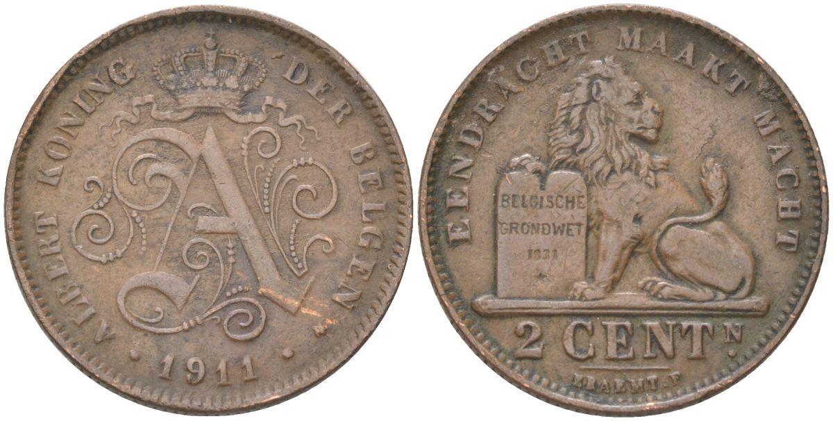 Бельгия 2 сантима 1911 BELGEN, Альберт I (1910-1934) KM 65 медь 4613-849