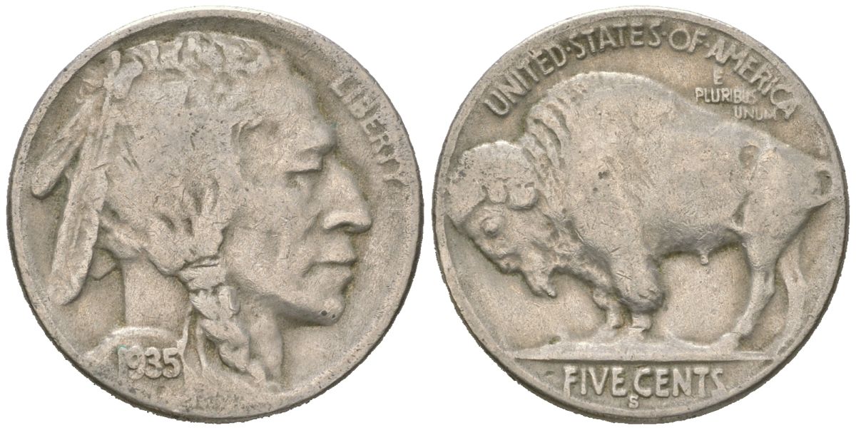 США 5 центов 1935 S, индеец, бизон KM 134 медно-никель 4614-1222