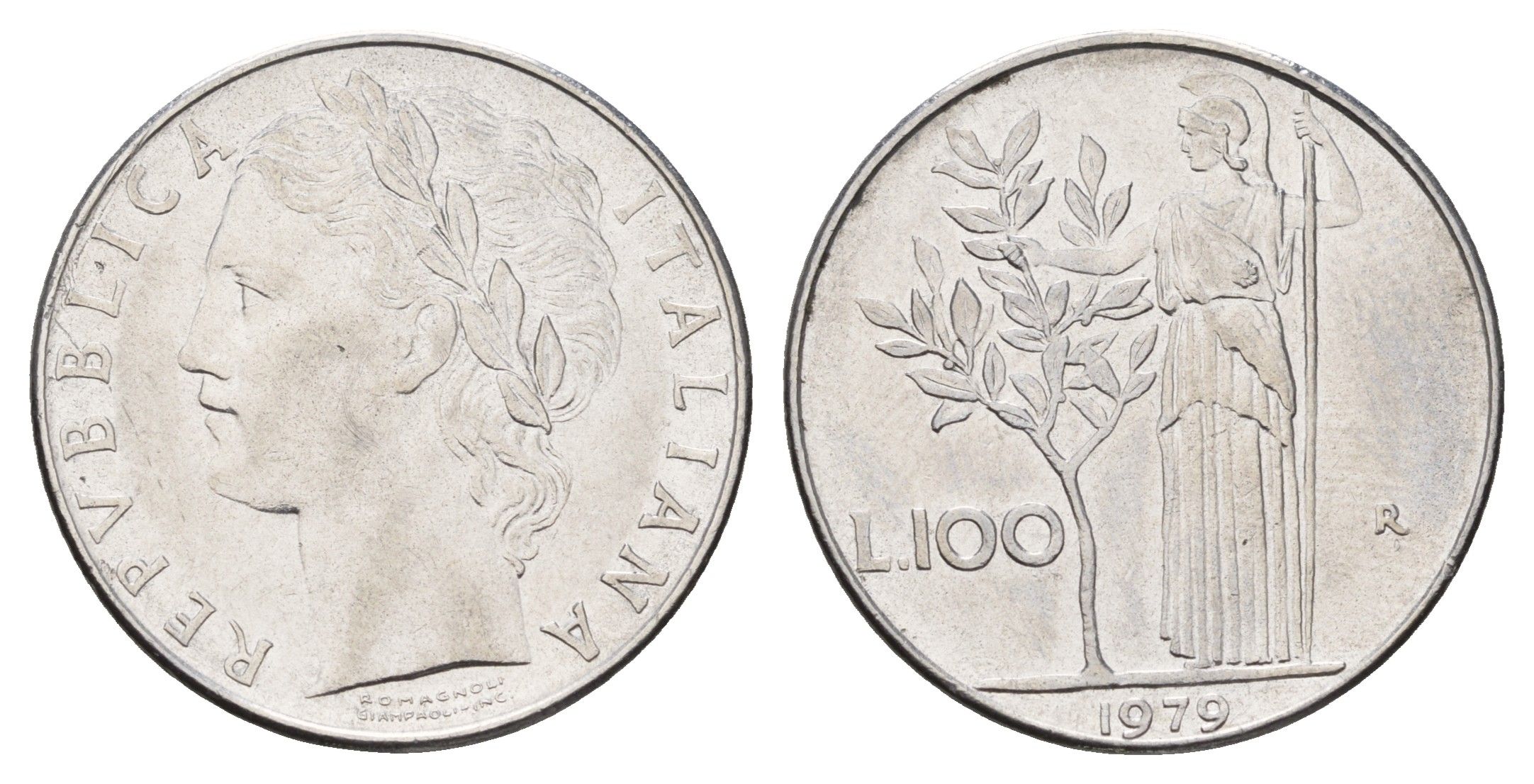 Италия 100 лир 1979 R, богиня Афина KM 96.1 нержавеющая сталь 4148-743