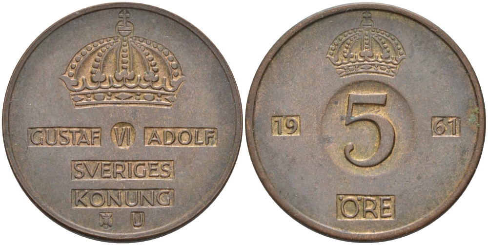 Швеция 5 эре 1961 U, Густав VI Адольф (1950-1973) KM 822 бронза 4557-814