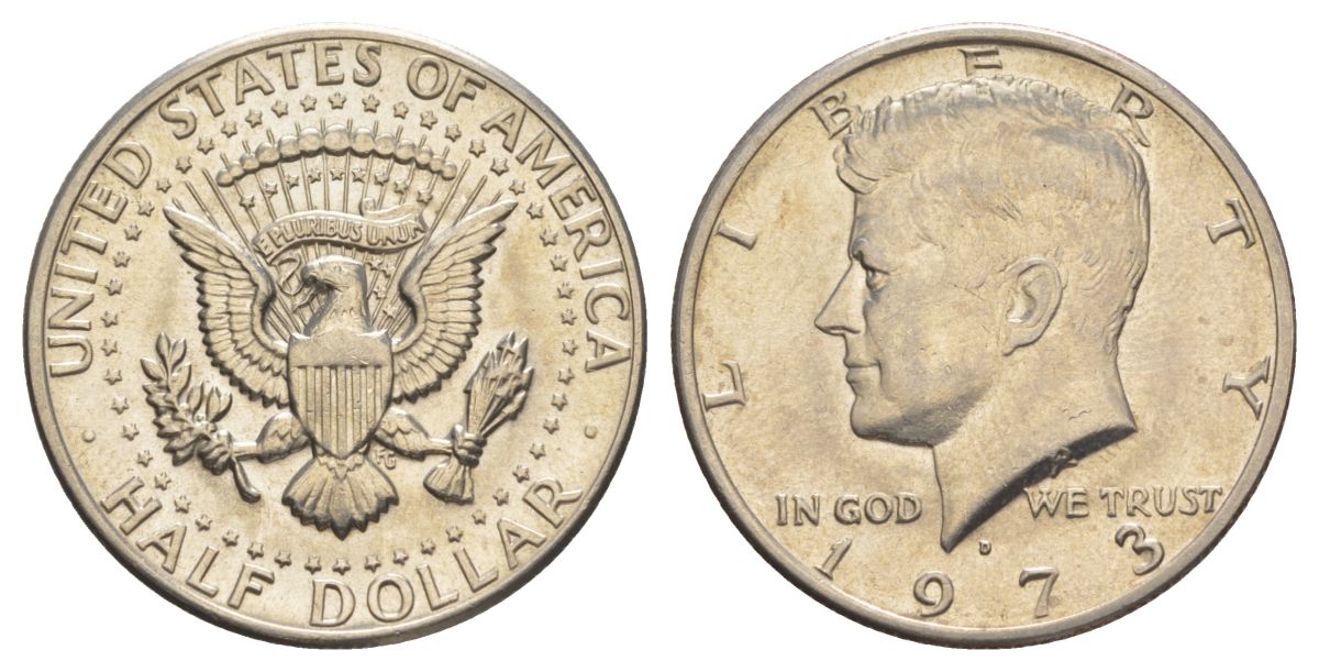 США 1/2 доллара (50 центов) 1973 Джон Кеннеди KM 202b медь плакированная медно-никелем aUNC 4526-936