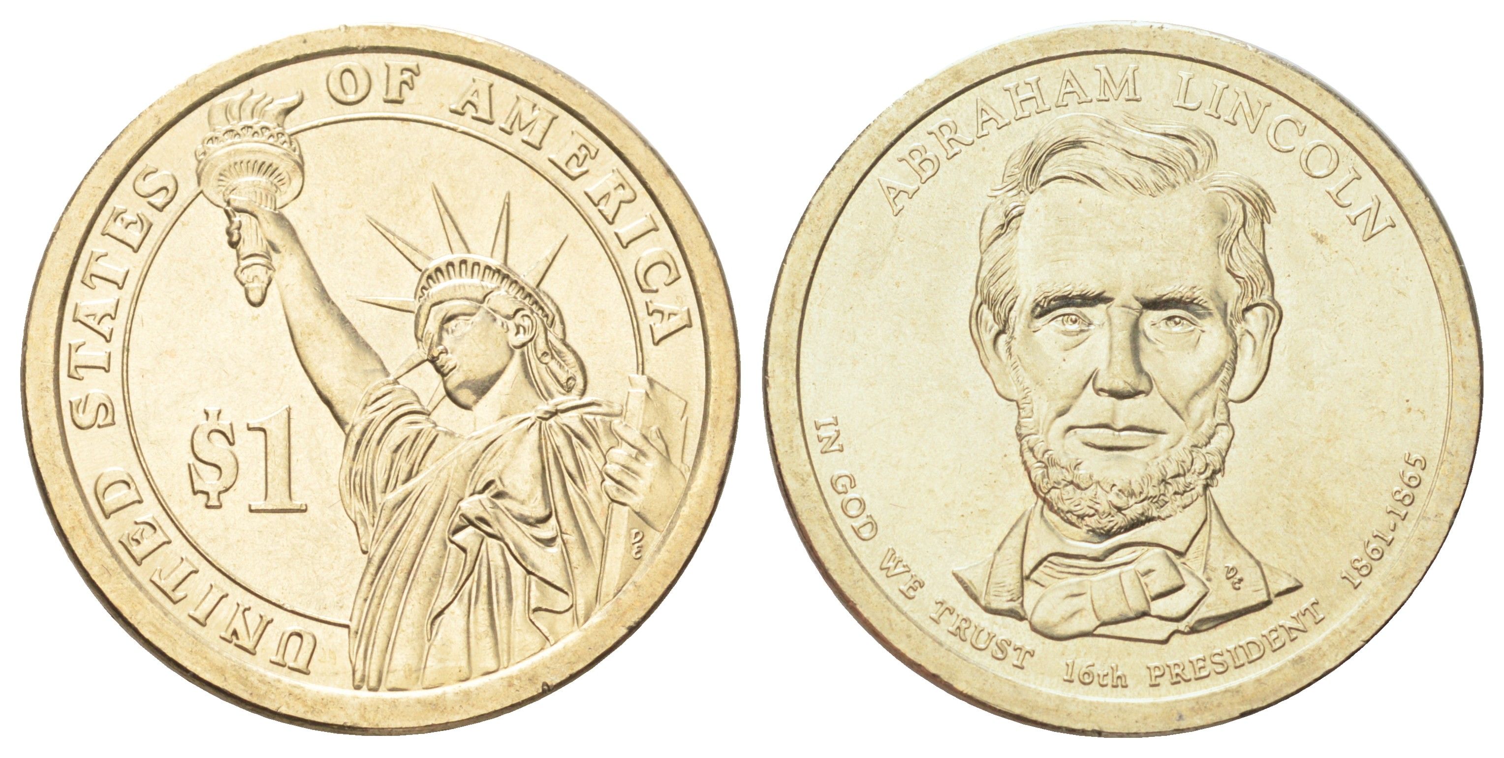 США 1 доллар 2010 Президент США - Авраам Линкольн (1861-1865) KM 478 медь с марганцево-латунным покрытием UNC 4666-957