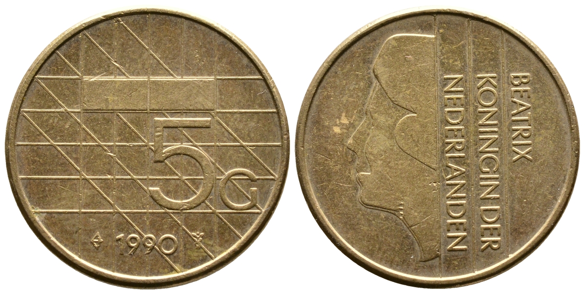 Нидерланды 5 гульденов 1990 Беатрикс (1980-2013) KM 210 никель плакированный бронзой 4385-411